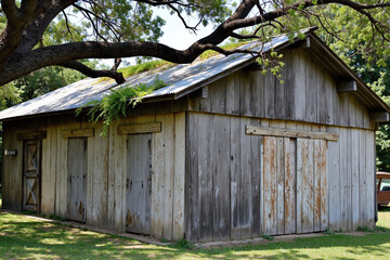 Rustic wooden building with sloping metal roof