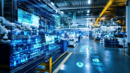 Innovative automation technology showcase modern factory digital display industrial environment wide-angle view future of manufacturing