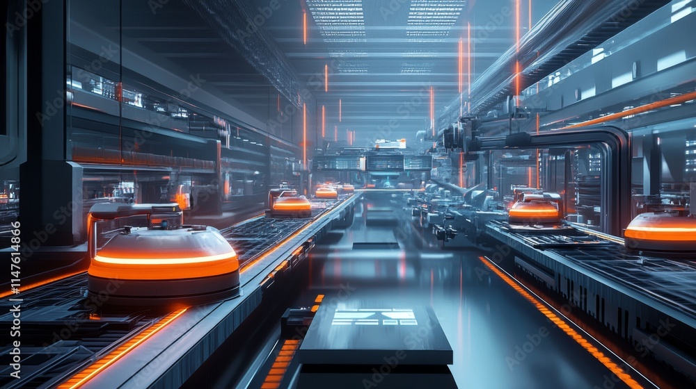 Poster automated assembly line in a high-tech factory industrial environment futuristic viewpoint technolog