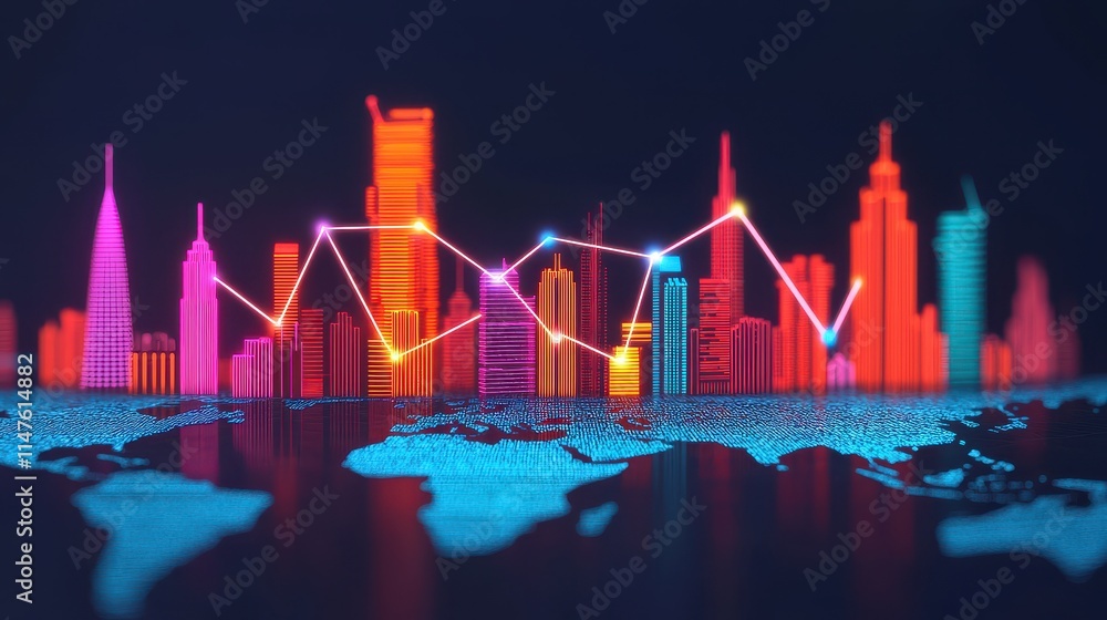 Poster colorful city skyline with data visualization and global map overview