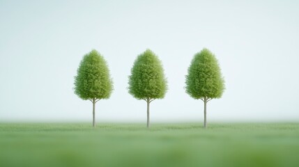 Three lush green trees stand evenly spaced in a serene landscape, showcasing a tranquil and vibrant natural scene.