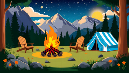 Camping scene in a forest
