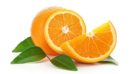 Sliced orange with leaves, vibrant, isolated on white.