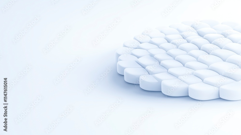 Poster a minimalistic arrangement of white tablet-like objects on a light background, creating a visually a