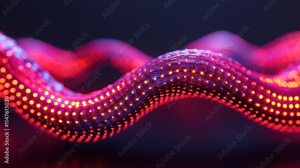 Poster abstract neon wave of colorful light with glowing dots and patterns