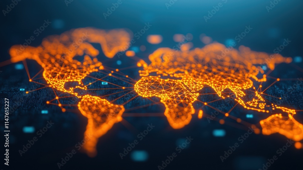 Poster global network connections with digital map in orange glow design