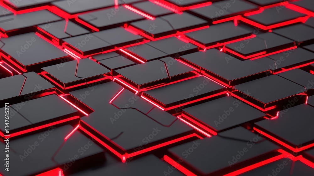 Poster futuristic pattern with glowing red lines on black tiles.