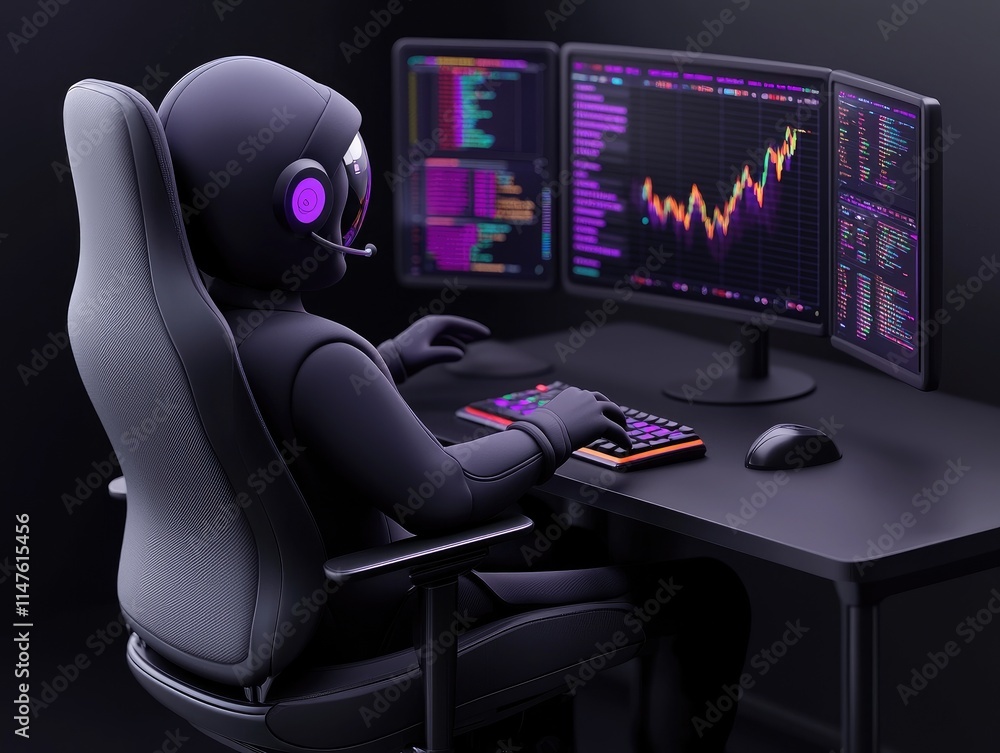 Poster stock market analysis by a futuristic trader virtual office digital art dark environment side view c