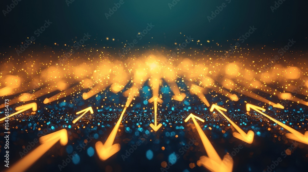 Poster glowing arrows with sparkling particles on a dark background