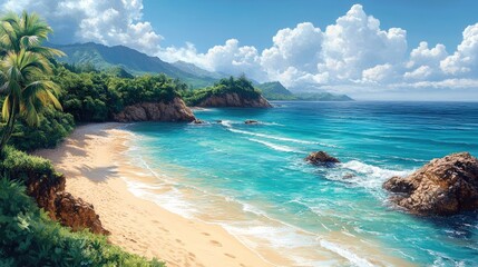 Obraz premium Secluded tropical beach, turquoise water, sunny sky.