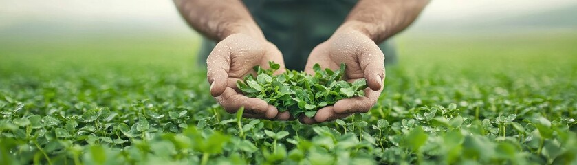 Hands holding fresh green plants in a lush field environment.