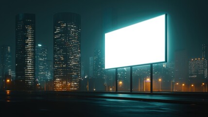 Illuminated billboard with urban skyline at night.