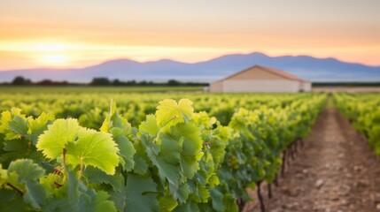 A serene vineyard at sunset, showcasing lush green vines and a distant farmhouse against a backdrop of mountains.