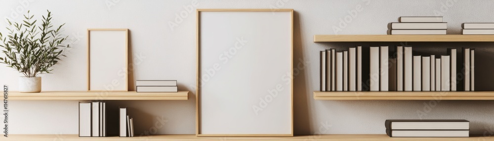 Poster minimalistic shelf design featuring empty frames and books.