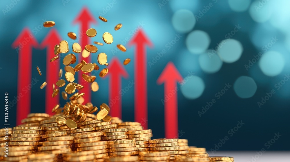 Poster gold coins falling into stack with growing arrows and bokeh effect