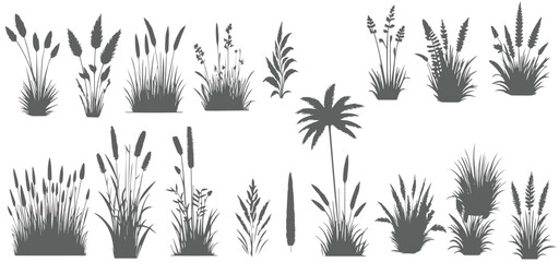 set of grass silhouettes silhouette of grass and plants, isolated on white background