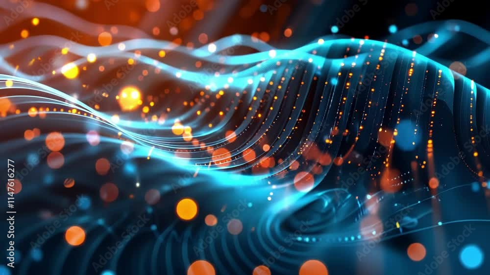 Poster complex data streams flowing and glowing, creating a futuristic visualization of digital information