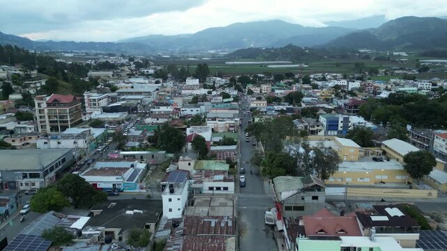 Aerial view of the urban area of Constanza in the mountainous La Vega province in the Central Range of the Dominican Republic