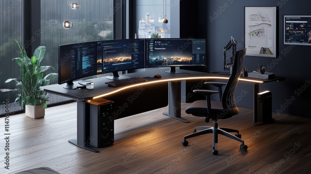 Poster modern workspace with multiple screens and sleek design.