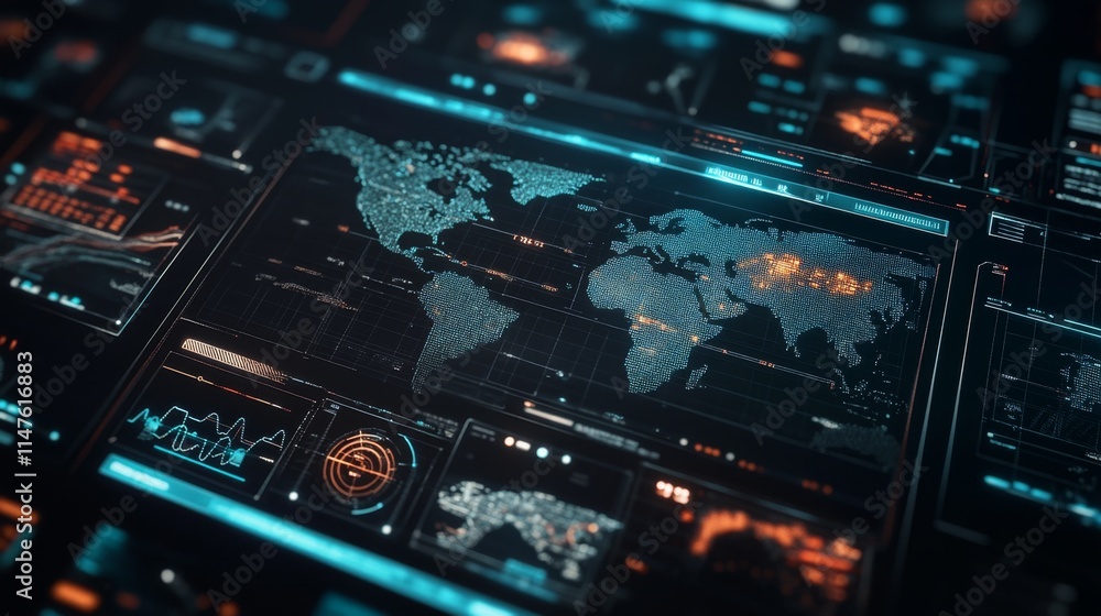 Poster analyzing global data trends digital interface interactive display modern workspace analytical persp