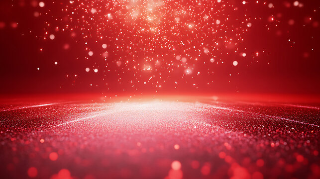 Sparkling Red Burst Background with Glowing Radiance.  A vibrant, red abstract background features a radiant burst effect, with tiny glowing particles radiating outward from a central point.