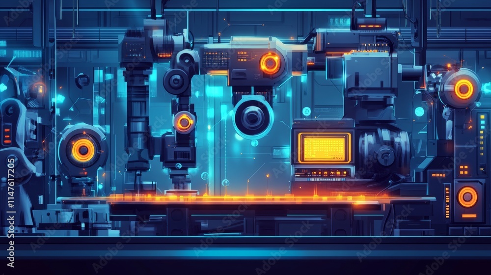 Poster automated robotics assembly in high-tech industry futuristic factory digital art high-tech environme