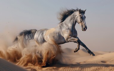 Fototapeta premium Majestic grey horse galloping through desert sand storm.