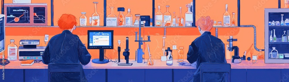 Poster two scientists conducting experiments in a vibrant lab setting.