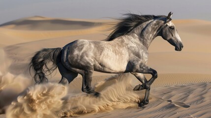 Majestic gray horse running through desert sand dunes.