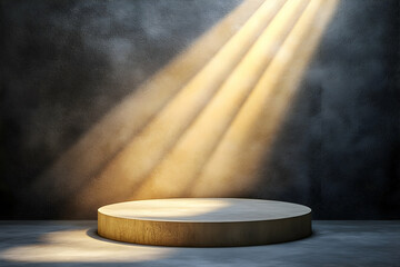 Illuminated wooden platform on dark background.