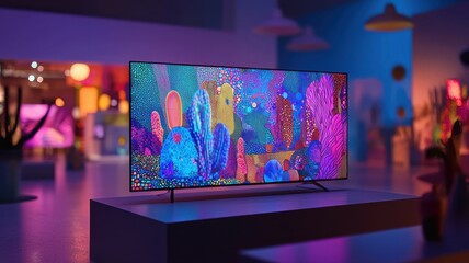 Vibrant TV display showcasing colorful digital art in modern setting.
