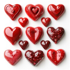 Fototapeta premium An and elegant arrangement of various glossy shiny and textured red heart shaped ceramic or porcelain decorative items showcasing a romantic and modern concept for Valentine s Day love
