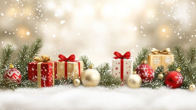 Christmas gifts with ornaments and pine tree on snow.