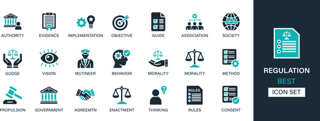 Regulation icon set collection. Authority, evidence, implementation, objective, guide, association, society,  vision, mutineer and best solid icon set.