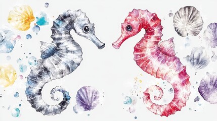 Fototapeta premium Colorful Watercolor Seahorses with Shells on a Soft Background Perfect for Aquatic Themes