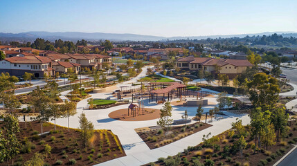Fototapeta premium Aerial view of a new residential neighborhood with a community park