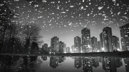 Monochrome cityscape reflected in still water, snowing at night.