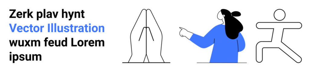 Three human figures interacting one with hands raised, one pointing, and one running. Ideal for teamwork, collaboration, communication, motivation, office culture, goal-setting, and presentations