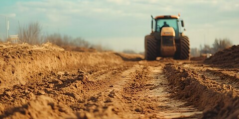 flat surface of the site from the earth for construction close-up. behind the tractor for clearing the territory.	