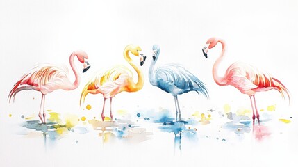 Obraz premium Vibrant Watercolor Flamingos Standing Gracefully in a Serene Aquatic Landscape