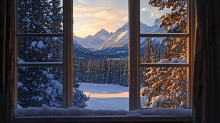 Stunning sunrise view of snow-capped mountains and snowy forest seen through a rustic window.