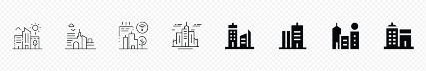 Obraz premium Buildings line icons. Bank, Hotel, Courthouse. City, Real estate, Building icon set in line black flat house, office, bank, school, hotel, shop, university, city, real estate and hospital symbol.