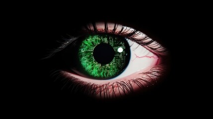 Striking close-up of a vibrant green eye against a dark backdrop, showcasing spyware eye