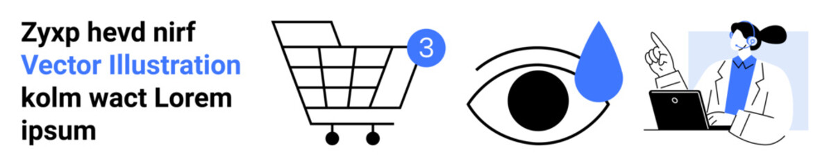 Shopping cart with notification number, eye drop with eye symbol, customer service professional at laptop. Ideal for e-commerce, healthcare, customer support, medical services, online shopping