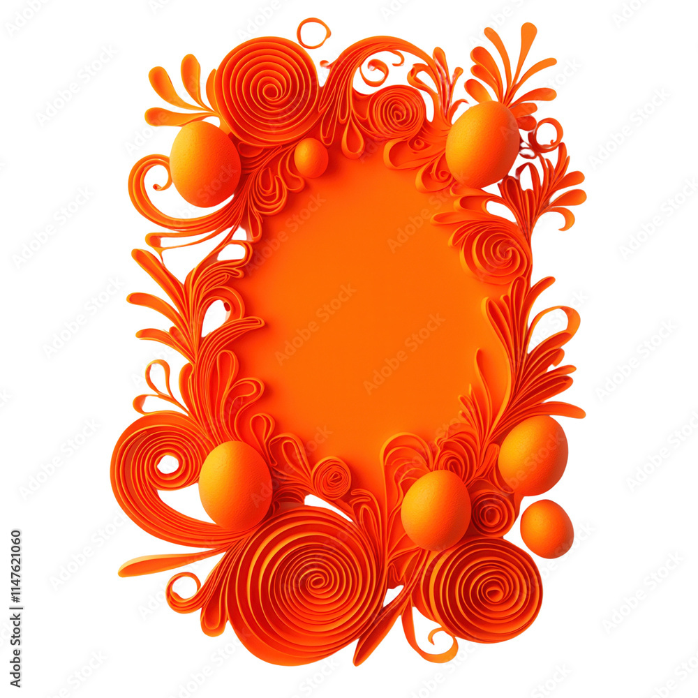 Poster a vibrant orange decorative frame featuring swirling patterns and eggs, creating an artistic and fes