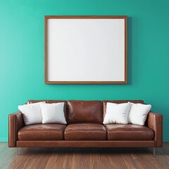 Modern leather couch with empty frame on vibrant teal wall