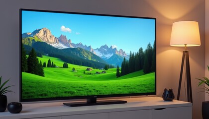 A modern 3D TV displays a vivid landscape of green fields, pine trees, and mountains. The scene is set in a cozy living room with a lamp and plants, highlighting the TV's high-definition quality