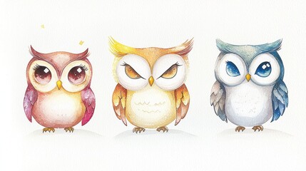 Fototapeta premium Cute Colorful Cartoon Owls with Big Eyes and Unique Expressions for Children’s Artwork