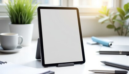 Fototapeta premium A tablet with a blank screen is placed on a stand on a white desk. The desk also has a cup of coffee, a notebook, pens, and potted plants, suggesting a clean and organized workspace