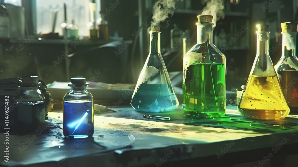 Poster scientist conducting laboratory experiment to analyze and test chemical substances in a controlled e